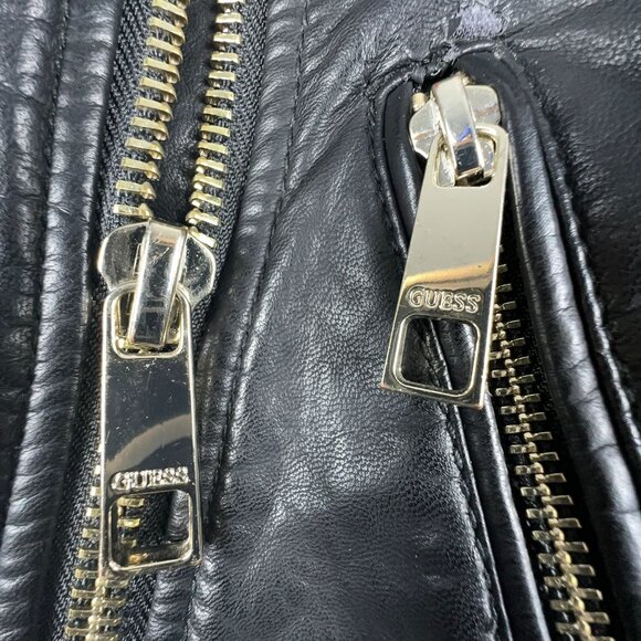 GUESS Leather Moto Biker Jacket Womens Size X Small Lace Up Sleeves Black - Picture 13 of 15